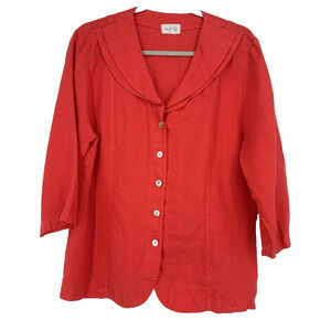 Mosaic USA Womens Linen Button Up Shirt Coral Lagenlook Boxy 3/4 Sleeves Size L